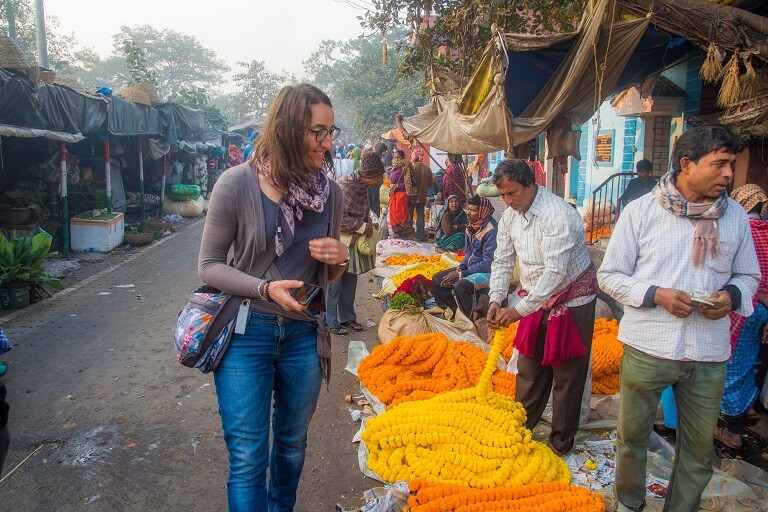 walking through the amazing flower market on calcutta's best walking tour the magic hour tour.