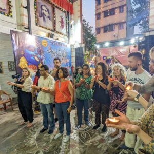 Travelers enjoying Diwali walk with Soham of calcutta capsule walking tours